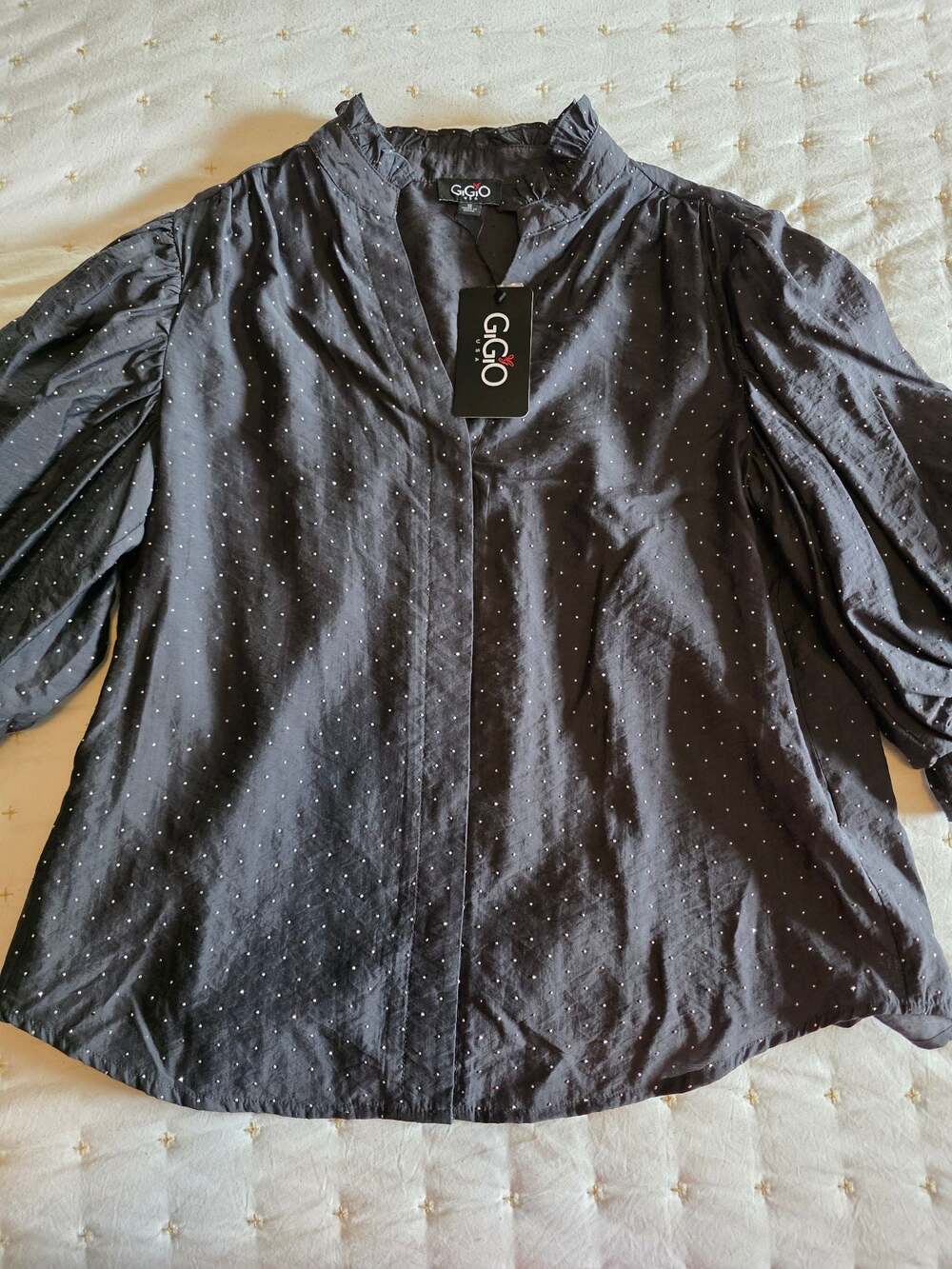 GiGi USA Charcoal Rhinestone Studded Ruffle Collar Puff Sleeve Top